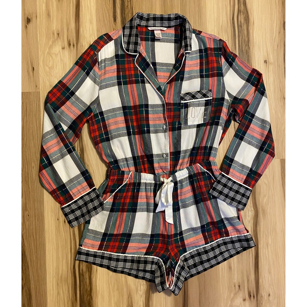 Victorias Secret Plaid Flannel Romper Pajamas Gold Lurex Love Small Red Green
